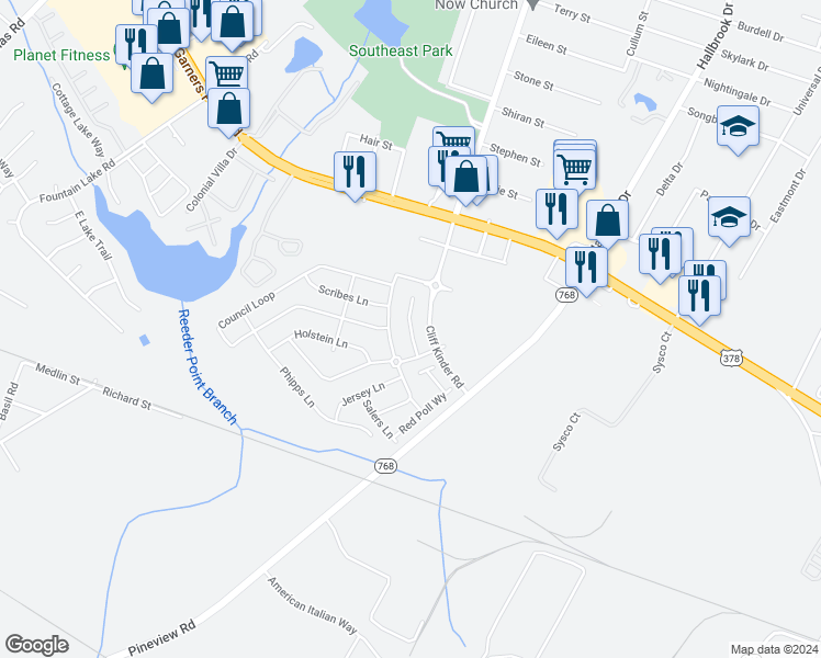 map of restaurants, bars, coffee shops, grocery stores, and more near Blue Fescue Way in Columbia