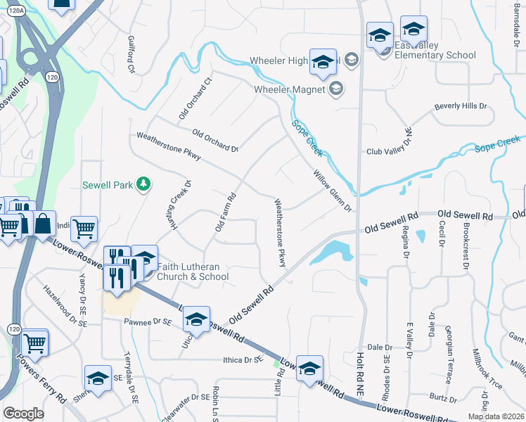 map of restaurants, bars, coffee shops, grocery stores, and more near 185 Pioneer Trail in Marietta