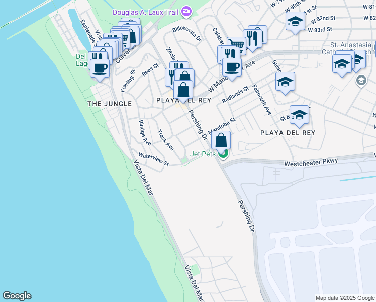 map of restaurants, bars, coffee shops, grocery stores, and more near 7600 Earldom Avenue in Los Angeles