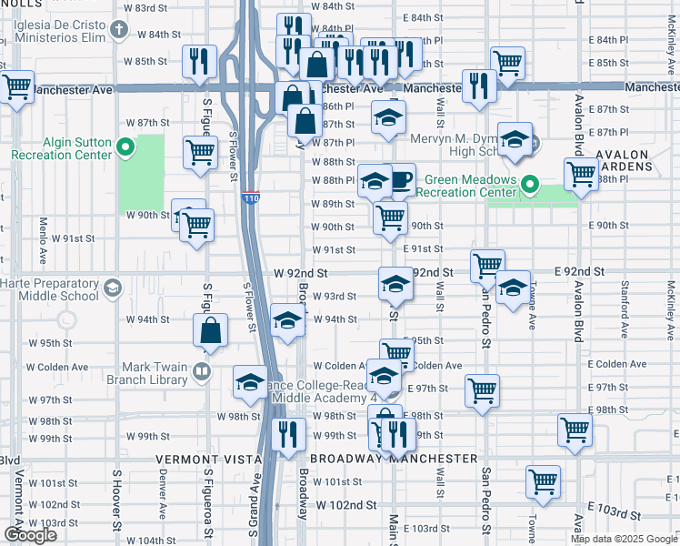 map of restaurants, bars, coffee shops, grocery stores, and more near 210 West 92nd Street in Los Angeles