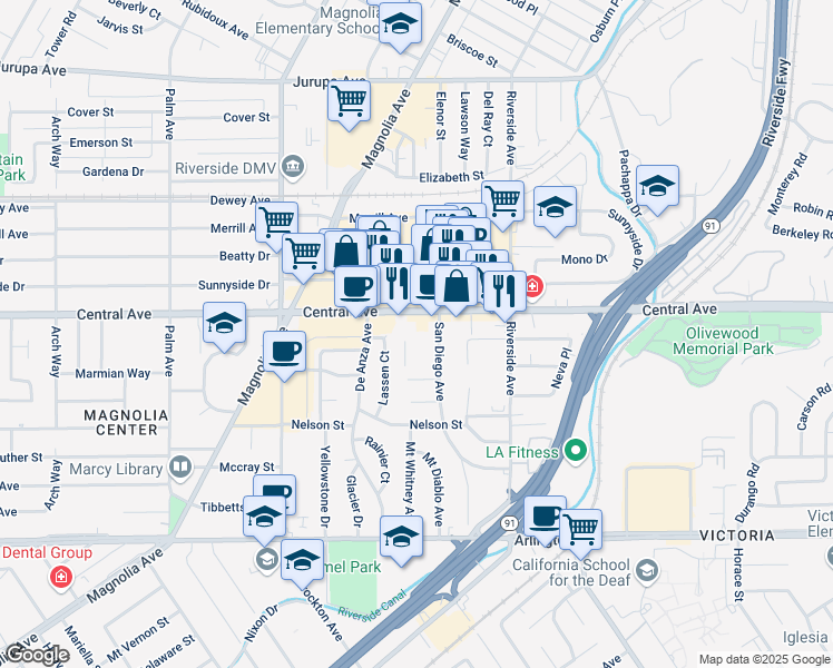map of restaurants, bars, coffee shops, grocery stores, and more near 3610 Central Avenue in Riverside