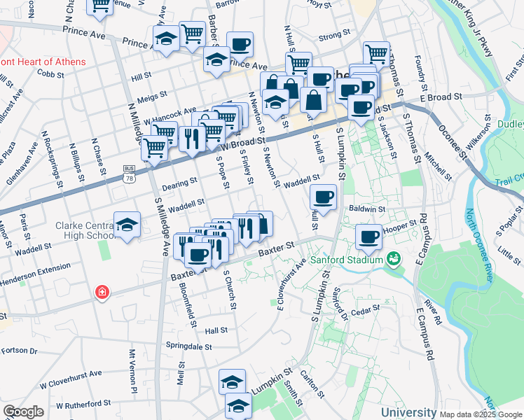 map of restaurants, bars, coffee shops, grocery stores, and more near 277 South Finley Street in Athens