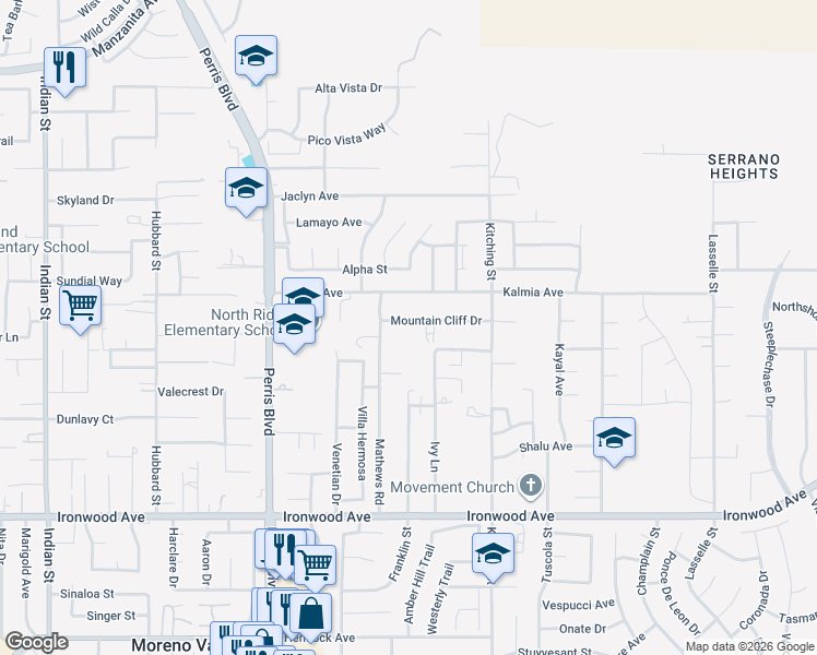 map of restaurants, bars, coffee shops, grocery stores, and more near 25325 Mountain Cliff Drive in Moreno Valley