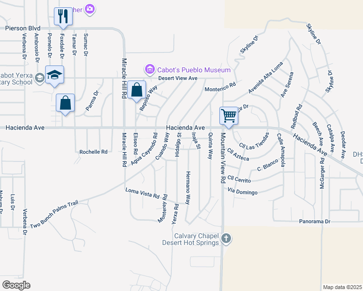 map of restaurants, bars, coffee shops, grocery stores, and more near 67780 Arena Blanca Road in Desert Hot Springs