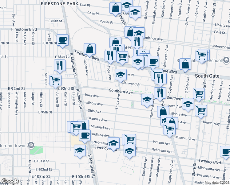 map of restaurants, bars, coffee shops, grocery stores, and more near 2551 Iowa Avenue in South Gate