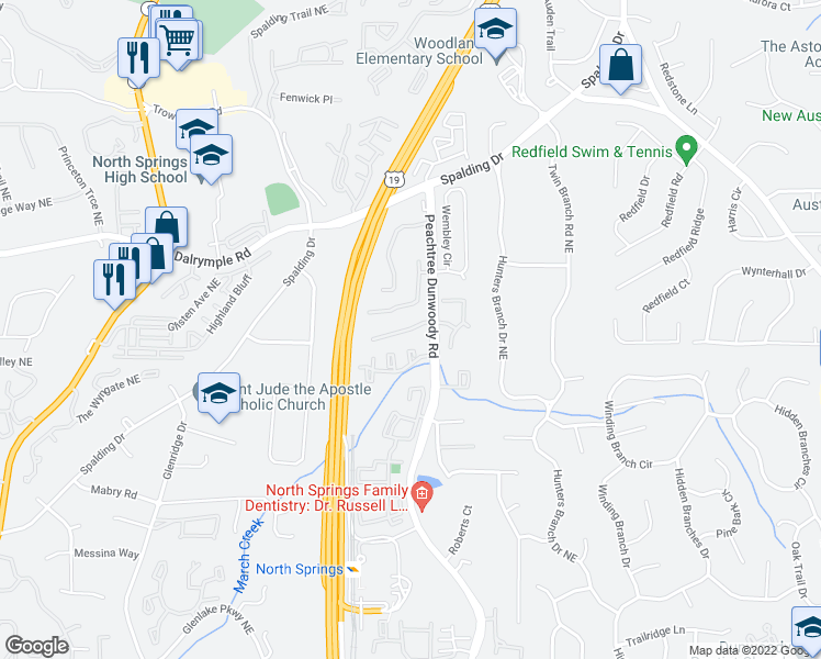 map of restaurants, bars, coffee shops, grocery stores, and more near 5 Westfair Court Northeast in Atlanta