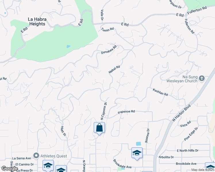map of restaurants, bars, coffee shops, grocery stores, and more near 1573 Nabal Road in La Habra Heights