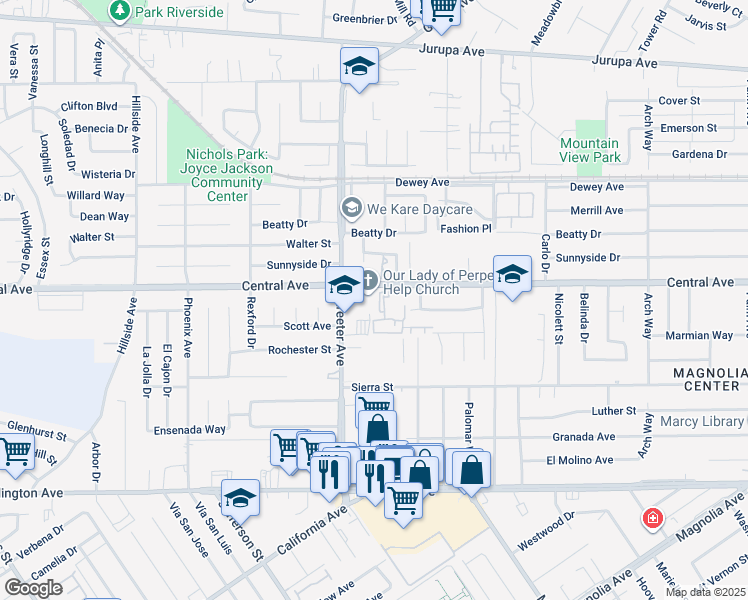 map of restaurants, bars, coffee shops, grocery stores, and more near 5232 Central Avenue in Riverside