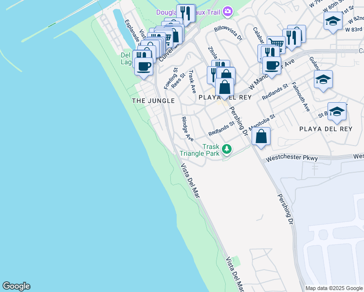 map of restaurants, bars, coffee shops, grocery stores, and more near 123 Waterview Street in Los Angeles