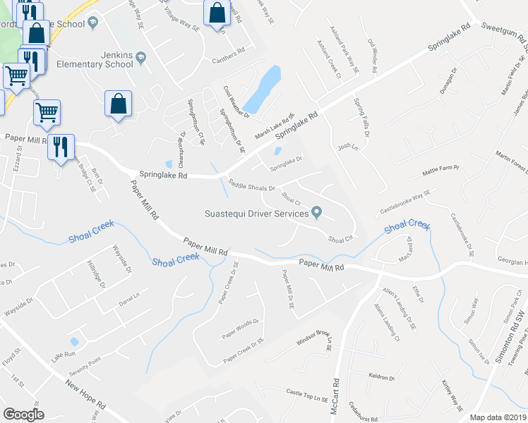 map of restaurants, bars, coffee shops, grocery stores, and more near 347 Shoal Circle in Lawrenceville
