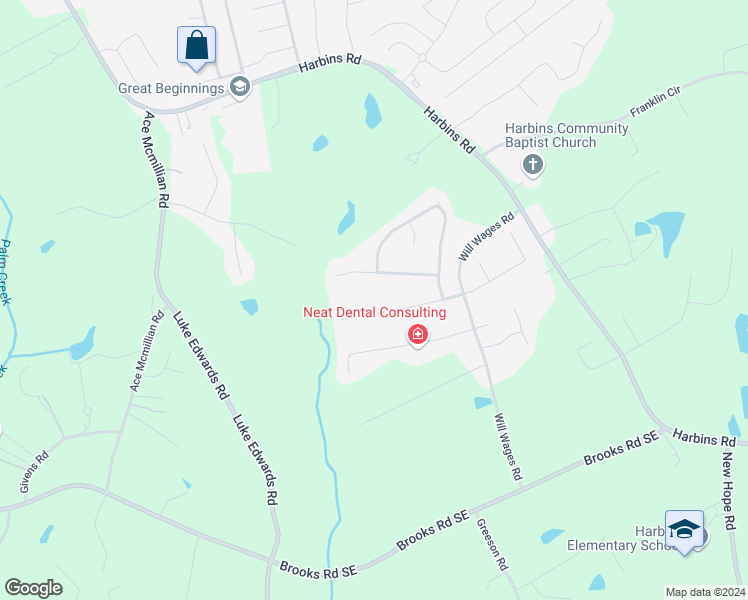 map of restaurants, bars, coffee shops, grocery stores, and more near 2540 Harbins Mill Drive in Dacula