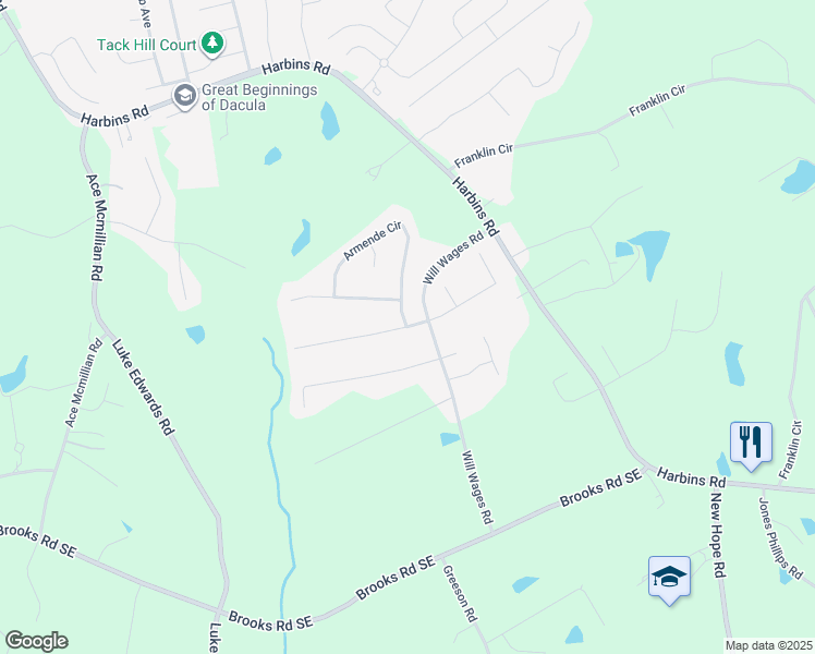 map of restaurants, bars, coffee shops, grocery stores, and more near 2635 Harbins Mill Drive in Dacula
