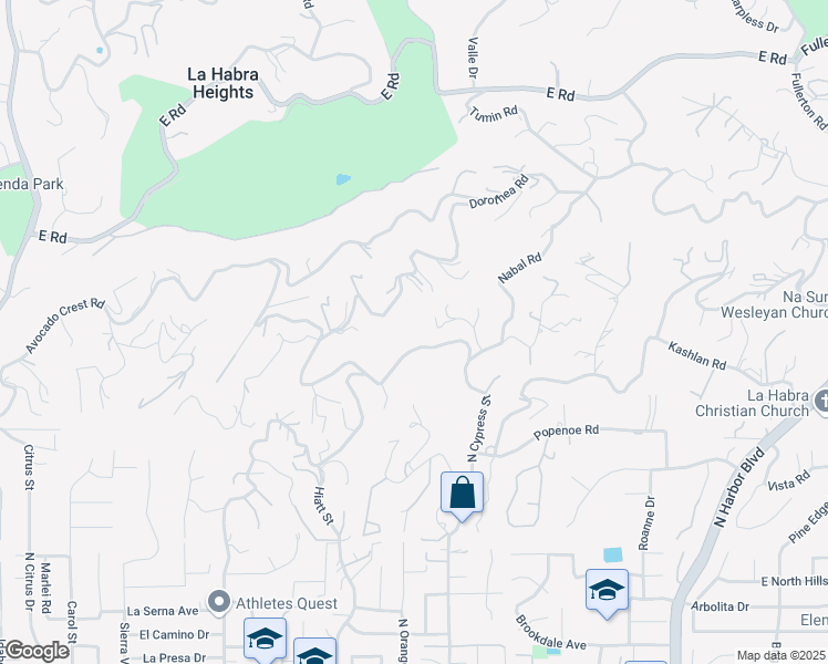 map of restaurants, bars, coffee shops, grocery stores, and more near 1594 North Cypress Street in La Habra Heights