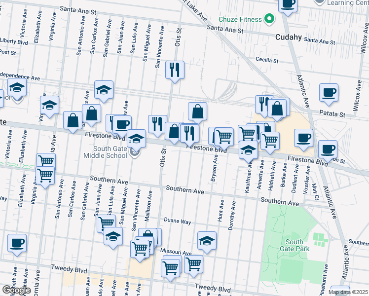 map of restaurants, bars, coffee shops, grocery stores, and more near 8919 McNerney Avenue in South Gate