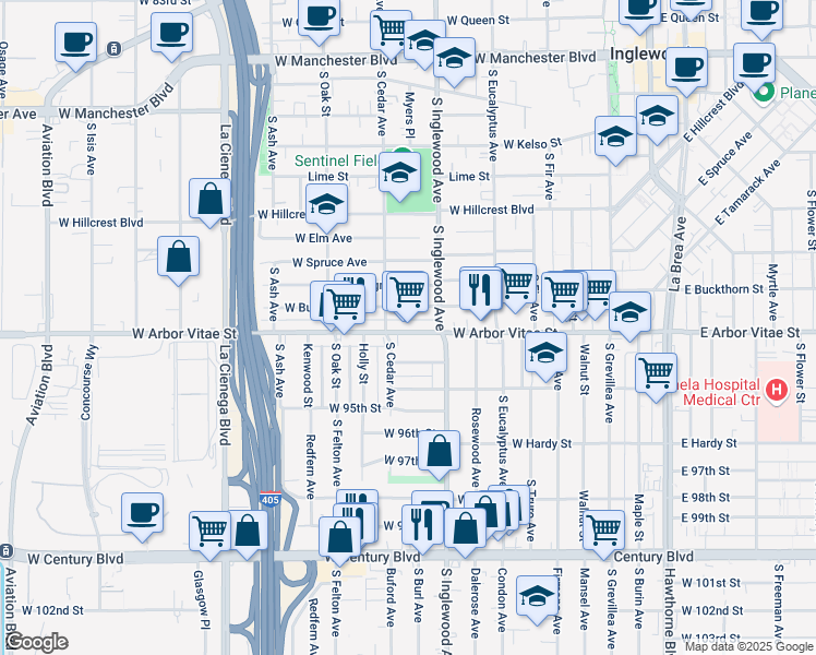 map of restaurants, bars, coffee shops, grocery stores, and more near 500 West Arbor Vitae Street in Inglewood