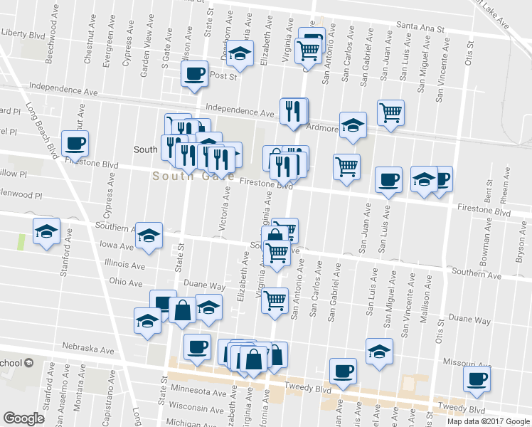 map of restaurants, bars, coffee shops, grocery stores, and more near 8960 Virginia Avenue in South Gate