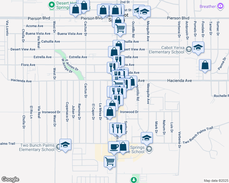 map of restaurants, bars, coffee shops, grocery stores, and more near 13279 Palm Drive in Desert Hot Springs