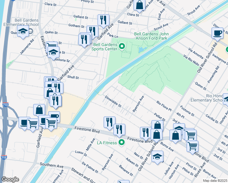 map of restaurants, bars, coffee shops, grocery stores, and more near 7018 Pellet Street in Downey