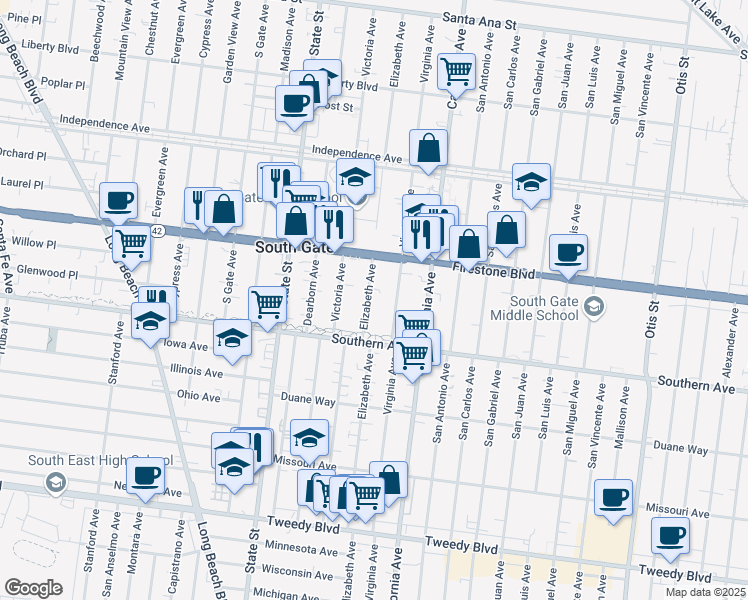 map of restaurants, bars, coffee shops, grocery stores, and more near 8952 Elizabeth Avenue in South Gate