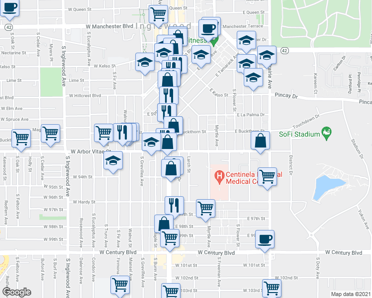 map of restaurants, bars, coffee shops, grocery stores, and more near 309 East Arbor Vitae Street in Inglewood