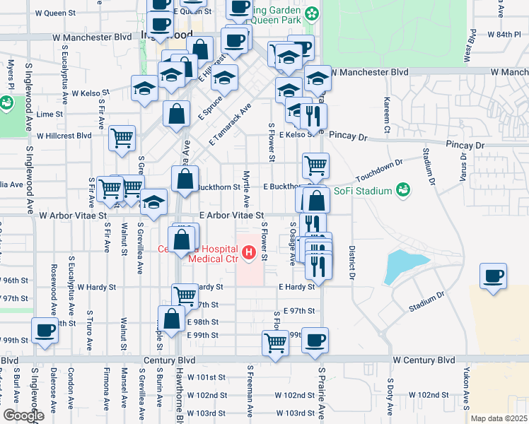 map of restaurants, bars, coffee shops, grocery stores, and more near 831 South Flower Street in Inglewood