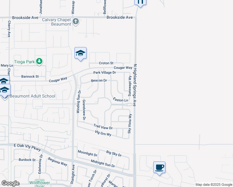 map of restaurants, bars, coffee shops, grocery stores, and more near 1559 Lismore Lane in Beaumont