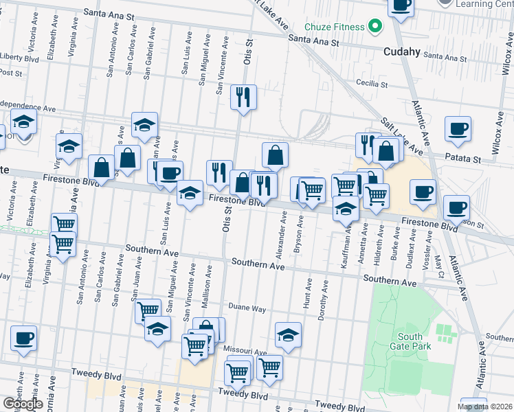 map of restaurants, bars, coffee shops, grocery stores, and more near 4308 Firestone Boulevard in South Gate