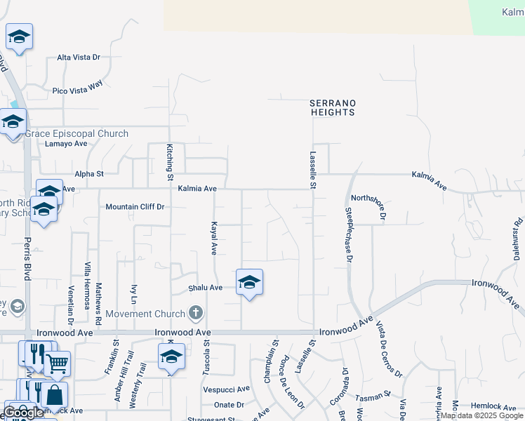 map of restaurants, bars, coffee shops, grocery stores, and more near 25815 Daisy Court in Moreno Valley