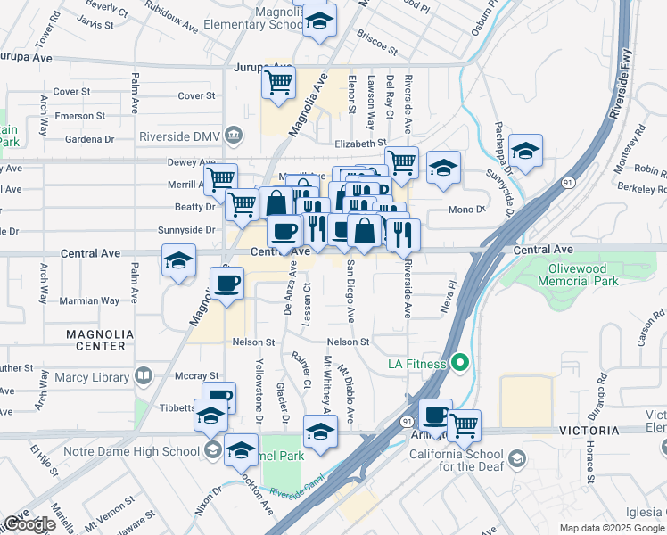 map of restaurants, bars, coffee shops, grocery stores, and more near 3610 Central Avenue in Riverside