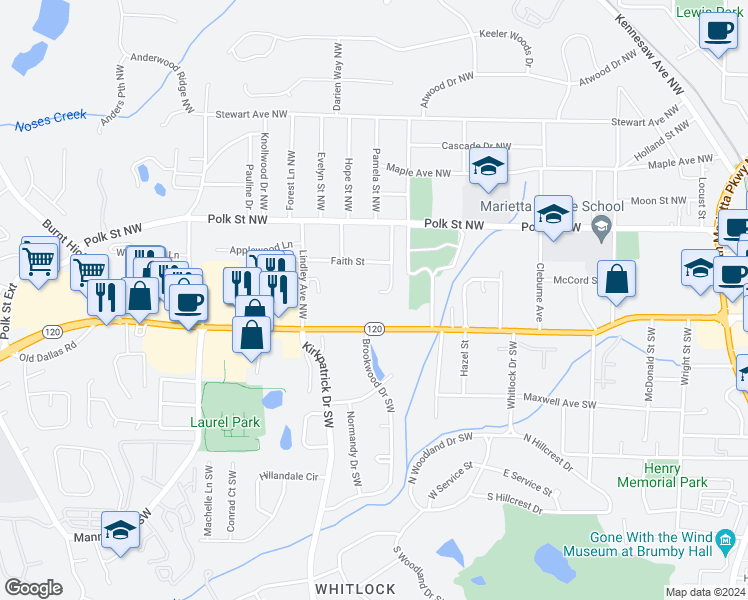map of restaurants, bars, coffee shops, grocery stores, and more near 52 Debonaire Drive Northwest in Marietta
