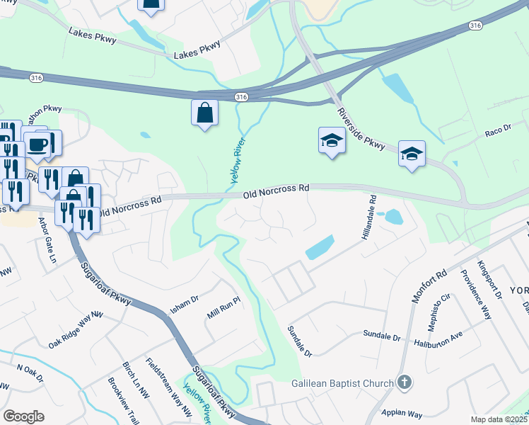 map of restaurants, bars, coffee shops, grocery stores, and more near 655 Burnham Ridge in Lawrenceville