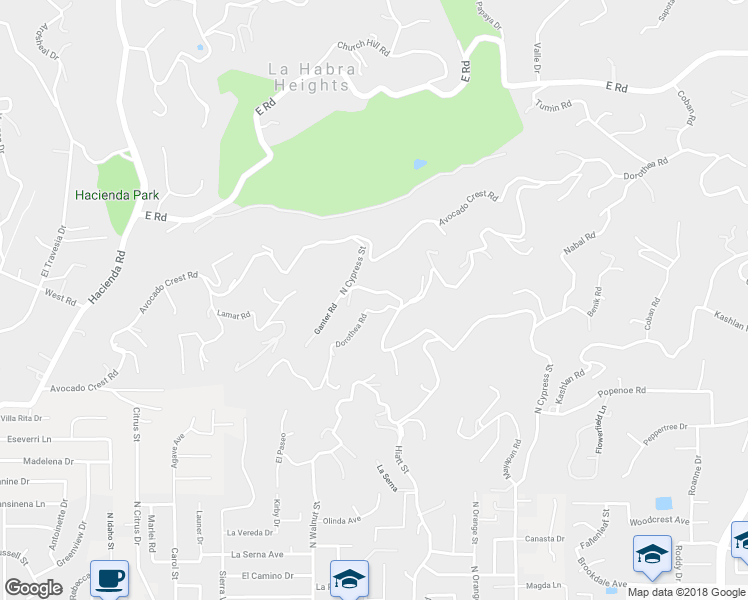 map of restaurants, bars, coffee shops, grocery stores, and more near 707 Dorothea Road in La Habra Heights