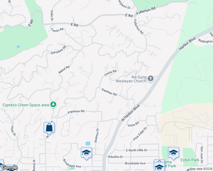 map of restaurants, bars, coffee shops, grocery stores, and more near 1782 Chota Road in La Habra Heights