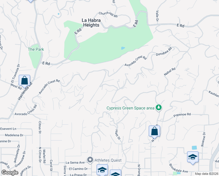 map of restaurants, bars, coffee shops, grocery stores, and more near 707 Dorothea Road in La Habra Heights