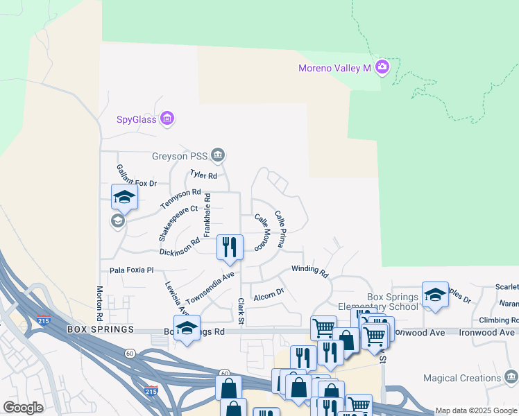 map of restaurants, bars, coffee shops, grocery stores, and more near 21775 Calle Monaco in Moreno Valley