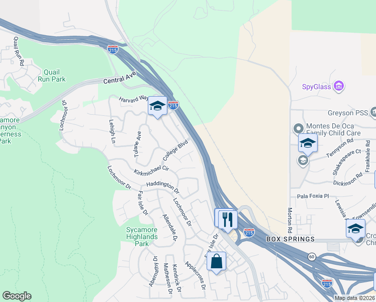 map of restaurants, bars, coffee shops, grocery stores, and more near 20520 Claremont Avenue in Riverside