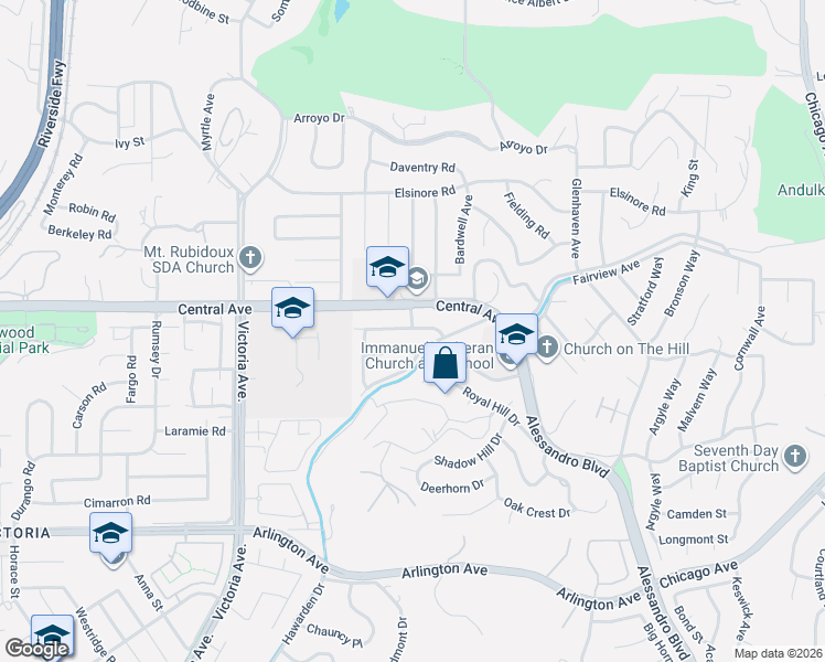 map of restaurants, bars, coffee shops, grocery stores, and more near 2363 Fairview Avenue in Riverside