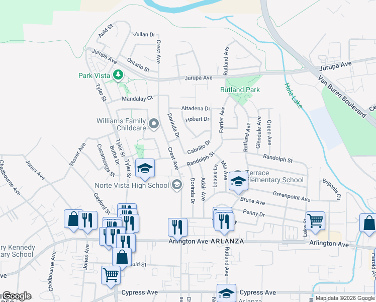 map of restaurants, bars, coffee shops, grocery stores, and more near 6715 Dorinda Drive in Riverside