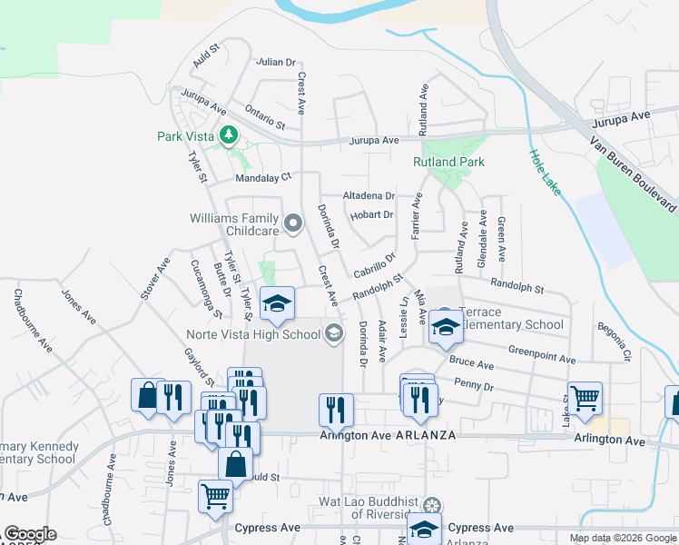 map of restaurants, bars, coffee shops, grocery stores, and more near 6715 Dorinda Drive in Riverside