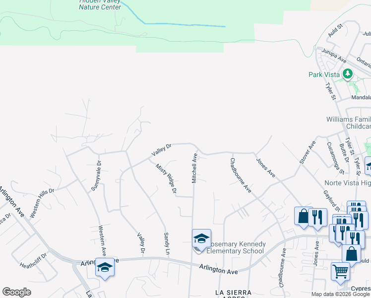map of restaurants, bars, coffee shops, grocery stores, and more near 6788 Mitchell Avenue in Riverside