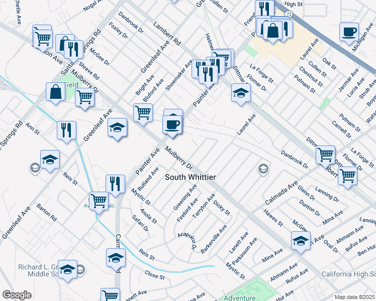 map of restaurants, bars, coffee shops, grocery stores, and more near 13443 Mulberry Drive in Whittier