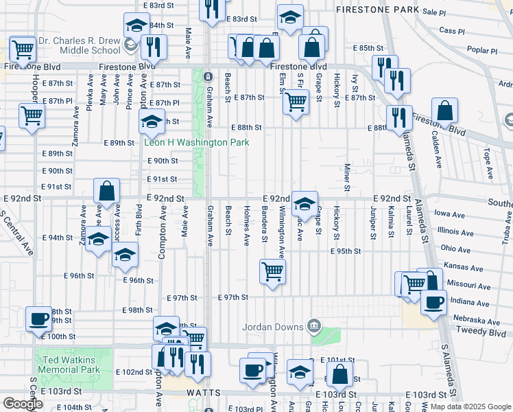 map of restaurants, bars, coffee shops, grocery stores, and more near 9220 Holmes Avenue in Los Angeles