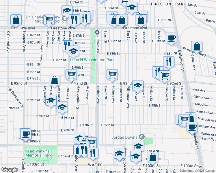 map of restaurants, bars, coffee shops, grocery stores, and more near 9232 Beach Street in Los Angeles