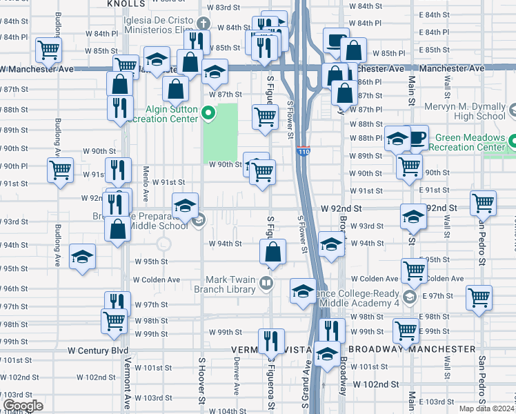map of restaurants, bars, coffee shops, grocery stores, and more near 540 West 92nd Street in Los Angeles