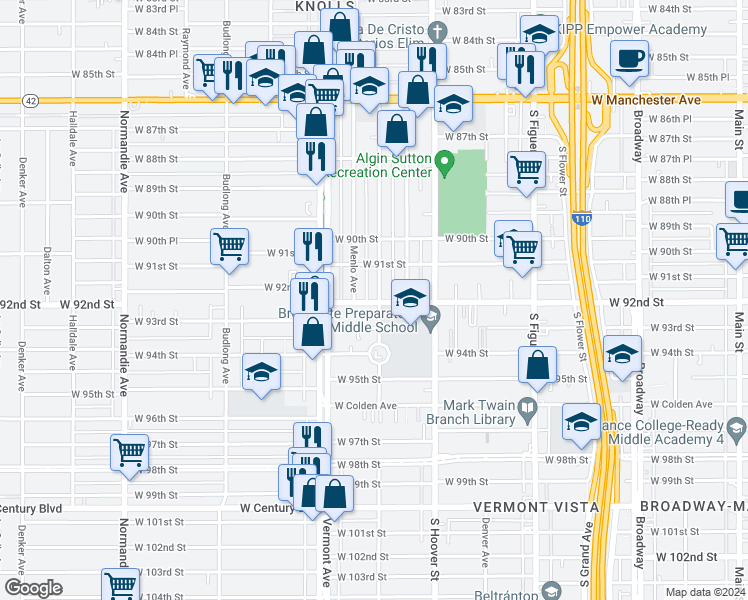 map of restaurants, bars, coffee shops, grocery stores, and more near 812 West 92nd Street in Los Angeles