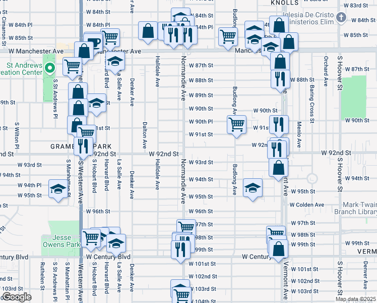 map of restaurants, bars, coffee shops, grocery stores, and more near 9201 Normandie Avenue in Los Angeles