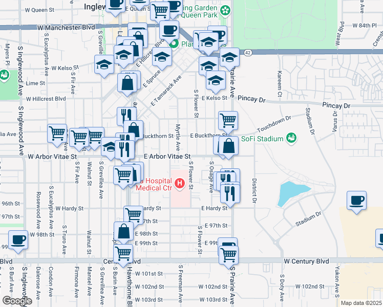 map of restaurants, bars, coffee shops, grocery stores, and more near 616 East Arbor Vitae Street in Inglewood