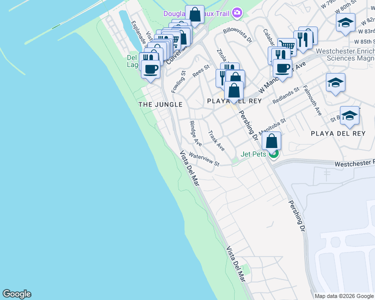 map of restaurants, bars, coffee shops, grocery stores, and more near 138 Waterview Street in Los Angeles