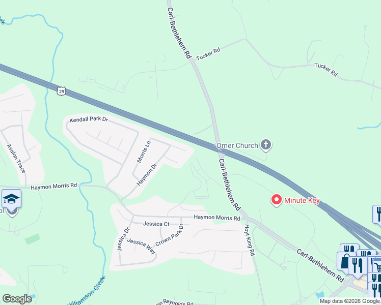 map of restaurants, bars, coffee shops, grocery stores, and more near 798 Morris Lane in Winder