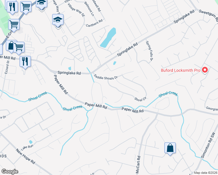 map of restaurants, bars, coffee shops, grocery stores, and more near 347 Shoal Circle in Lawrenceville